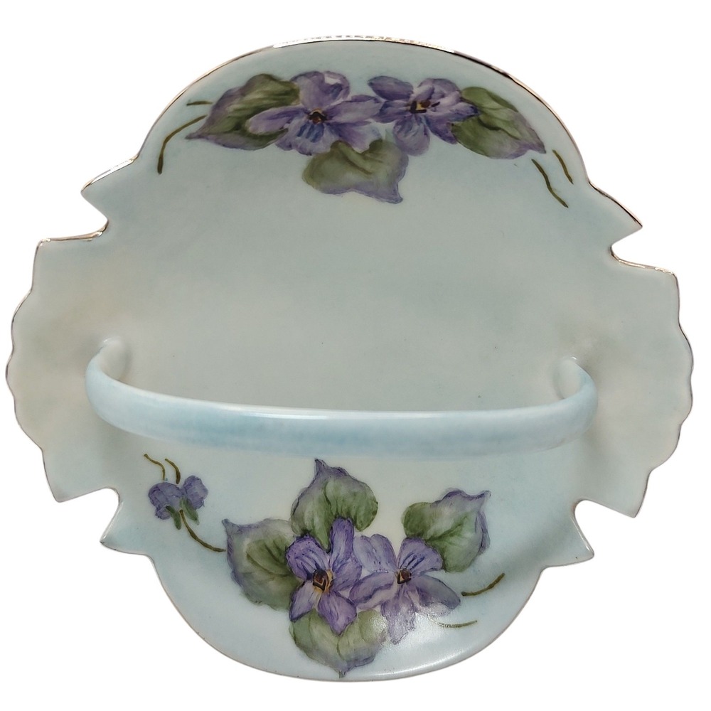 Vintage Floral Candy Dish Relish Handle Hand Painted Blue Purple‎ Silver Trim